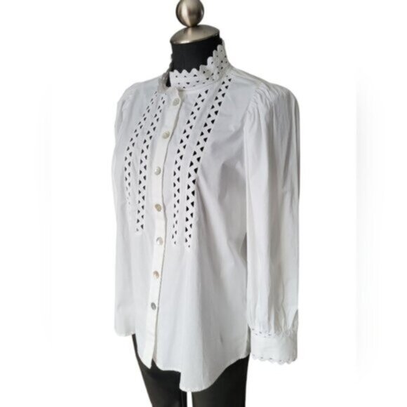 White Lace Cut Out Mandarin Collar Puff Sleeve Cotton Blouse Esqualo Sz 4 - Picture 2 of 15